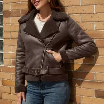 Теплая замшевая куртка из ягненка, зимние женские толстые короткие мотоциклетные пальто, куртки из искусственной овчины, крутая верхняя одежда на молнии S коричневый