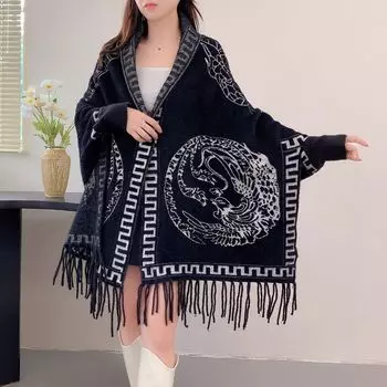 Теплая жаккардовая вязаная шаль женская норковая бархатная бахрома чонсам накидка рукава шаль высокого класса для улицы Above 175cm красный