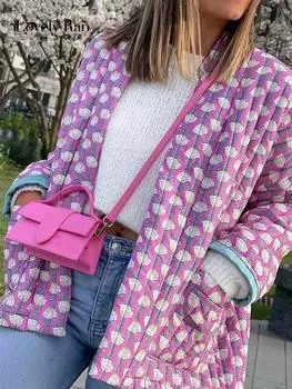 Теплая женская куртка с принтом, модный осенне-зимний кардиган с длинными рукавами, женский уличный топ с карманами и открытым передом, 2023 S розовый