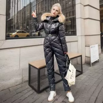 Теплая женская куртка темперамента, женская осенне-зимняя горнолыжная куртка с капюшоном, модная спортивная женская куртка-комбинезон M чёрный