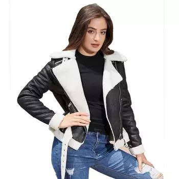 Теплая женская замшевая куртка из кожи и меха с поясом и лацканами S армия зеленый