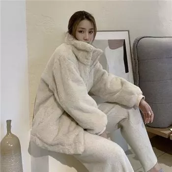 Теплая женская зимняя куртка из искусственного меха кролика в Корейском стиле с воротником-стойкой, утолщенным хлопковым плюшевым верхом, в стиле знаменитостей из Интернета S 90-100 светло-розовый