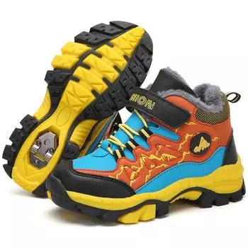 Теплая зимняя детская походная обувь. Теплые хлопковые кроссовки для мальчиков. Нескользящие кожаные водонепроницаемые ботинки. Подростковая треккинговая обувь для скалолазания. 31 синий