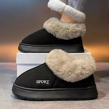 Теплая зимняя хлопковая обувь, мужские теплые меховые домашние тапочки, нескользящие плюшевые тапочки из ЭВА, домашние тапочки для пар с толстой подошвой, шлепанцы 36-37 чёрный
