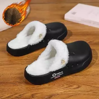 Теплая зимняя хлопковая обувь, мужские теплые меховые домашние тапочки, нескользящие плюшевые тапочки из ЭВА, домашние тапочки для пар с толстой подошвой, шлепанцы 36-37 чёрный