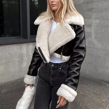 Теплая зимняя куртка, женская одежда, теплое меховое пальто, женская короткая мотоциклетная одежда из искусственной кожи XS белый/чёрный