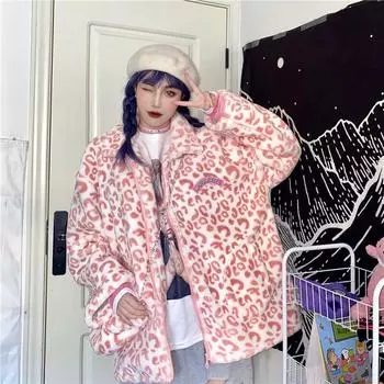 Теплая зимняя женская куртка из искусственного меха из шерсти, большого размера, с отложным воротником и леопардовым принтом из коровьего молока S розовый