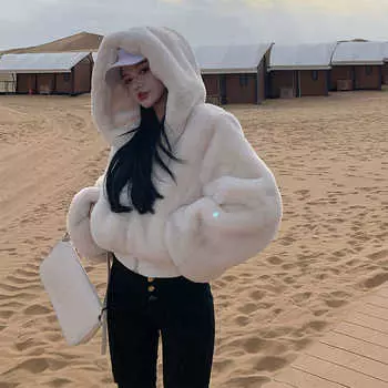 Теплая зимняя женская шуба из искусственного меха, куртка с капюшоном, короткая искусственная парка, укороченная S белый