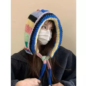 ТЕПЛИЦЫ Винтажная вязаная крючком шапка-балаклава осенне-зимняя защитные наушники большая окружность головы шерстяная шапка Elastic синий
