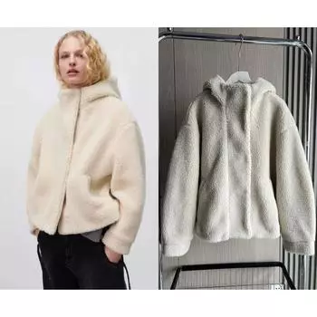 Теплое и уютное полупальто из искусственной овчины для женщин, зимнее, толстое, с капюшоном, с длинным рукавом S