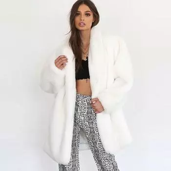 Теплое искусственное меховое пальто, женское плюшевое пальто средней длины S белый