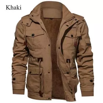 Теплое мужское пальто с капюшоном и флисом, верхняя одежда на осень и зиму, универсальная дышащая куртка, ветровка, высококачественная повседневная куртка-карго M хаки