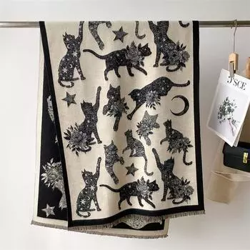 Теплое зимнее одеяло, кашемировый шарф для женщин, дизайн с принтом кота, толстые пашминовые шали и накидки, буфанды, женское пончо, эшарп
