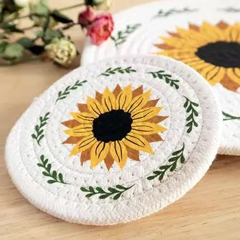 Теплоизоляционный коврик из хлопка с принтом подсолнечника, коврик для столовой тарелки, коврик для кастрюли, подставка под чайный горшок, коврик для стола, предотвращающий ожоги 18CM