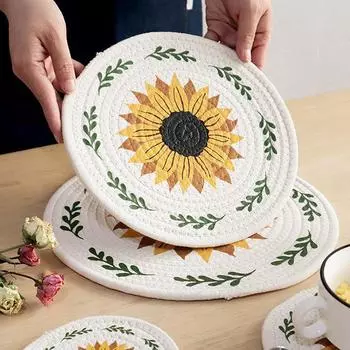 Теплоизоляционный коврик из хлопка с принтом подсолнечника, коврик для столовой тарелки, коврик для кастрюли, подставка под чайный горшок, коврик для стола, предотвращающий ожоги