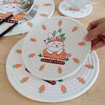 Теплоизоляционный коврик с принтом, пасхальный коврик для столовых приборов, цветной тканый коврик из пеньковой веревки, полиэфирное волокно, пасхальный коврик с принтом кролика 12cm