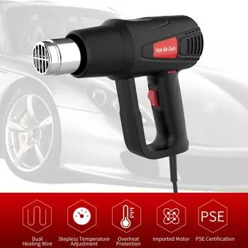 Тепловая пушка 2000 Вт. Регулируемая температура: 120–1200 °F. (50°К~650°К)Комплект термовоздушного пистолета для тяжелых условий эксплуатации US Plug чёрный