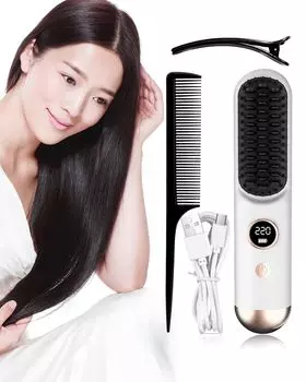 Тепловая щетка для выпрямления волос, щетка-утюг, беспроводная прямая щетка, ЖК-дисплей, 6000 мАч, прямой утюжок с отрицательными ионами, быстрый предварительный нагрев, постоянная температура 9