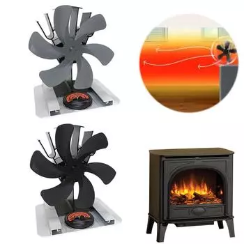 Тепловой вентилятор для печи с автономным питанием, верхняя горелка с термометром, экологически чистый тепловой вентилятор с 6 лопастями для дровяной печи/пеллетной/дровяной печи серый