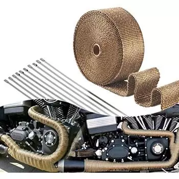 Теплозащитная лента 15 MX, 5 см. Выхлопная лента из базальтового волокна титанового цвета с 10 кабельными стяжками из нержавеющей стали для коллектора. Коллектор с термолентой. 18x17x7cm