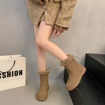 Теплые бархатные утолщенные зимние сапоги для женщин, новые матовые сапоги средней высоты с интегрированным ремешком сзади для детей 35 хаки