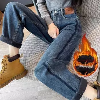 Теплые бархатные женские джинсы с широкими штанинами, корейская мода, толстые плюшевые прямые джинсовые брюки, осень-зима, повседневные, с высокой талией, Vaqueros XXXL синий