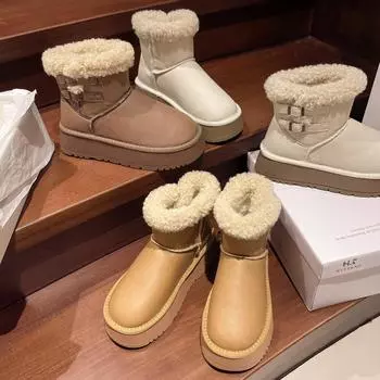 Теплые бархатные зимние ботинки на толстой подошве, женские, зимняя мода 2024 года, нескользящие, с пряжкой на ремне, рукавами, хлопковые, с интегрированным мехом 35 коричневый