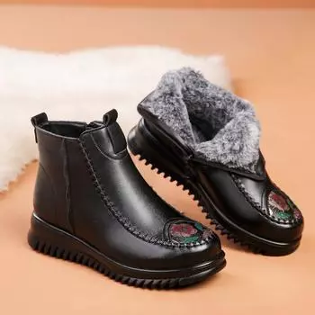 Теплые ботильоны из натуральной кожи с флисовой подкладкой для женщин среднего и пожилого возраста, удобные нескользящие хлопковые туфли для мам 35
