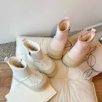 Теплые ботинки для девочек с мехом, замшевые, милые, детские, зимние, нескользящие, 2024, зимние, новые, модные, детские, принцессные, с блестящими звездами 27 бежевый