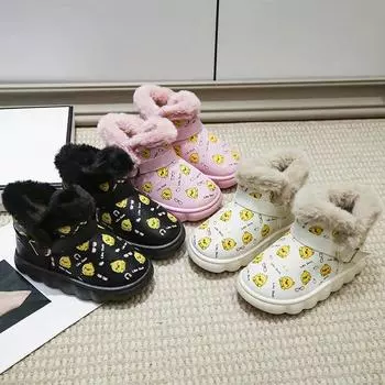 Теплые ботинки для мальчиков и девочек с милыми уточками, модные детские короткие ботинки, нескользящие, зимние новые модные детские кожаные ботинки с мехом 2024 года 26 бежевый