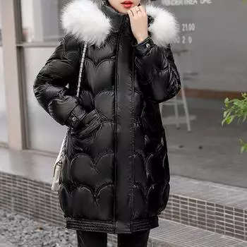 Теплые длинные куртки женские зимние модные толстые женские парки больших размеров зимнее пальто с капюшоном M чёрный