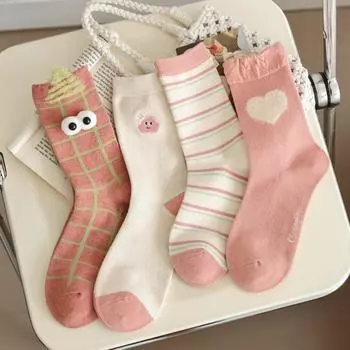 Теплые флисовые носки женские розовые забавные большие глаза утолщенные теплые женские средние домашние носки One Size