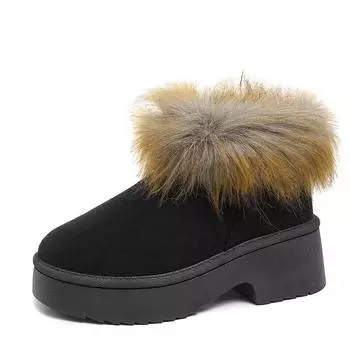 Теплые хлопковые ботинки Женская мода Круглый носок Замша Глубокий вырез Нескользящий Блочный каблук Платформа Снежные ботинки 36 чёрный