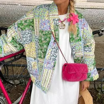 Теплые хлопковые куртки с цветочным принтом, женские свободные лоскутные кардиганы с воротником-стойкой, осенняя элегантная женская верхняя одежда, шикарные толстые пальто S зелёный