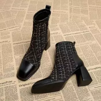 Теплые хлопковые женские ботильоны на толстом каблуке, модные молнии, современные короткие ботинки, осенне-зимняя офисная женская обувь 35