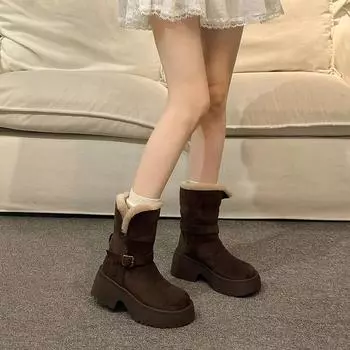 Теплые и пушистые сапоги с толстой подошвой, бархатные, утолщенные, пушистые, зимние, 2024, двухсекционные, с пряжкой на ремне, северо-восточные, хлопковые, женские 35 коричневый