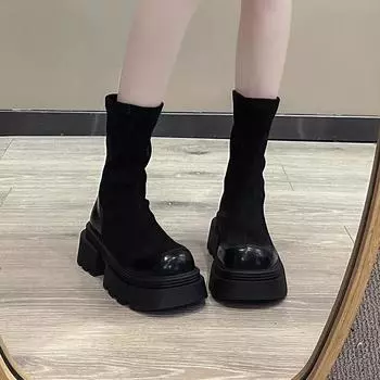 Теплые круглые носки, современные ботинки, женские туфли на квадратном каблуке, распродажа 2024 года, фирменные туфли без застежек на среднем каблуке, новинка, однотонные женские ботинки 35 чёрный