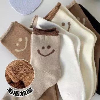 Теплые махровые носки женские плюшевые утолщенные средние носки-трубы модные милые универсальные носки-полотенце со смайликом One Size света кофе