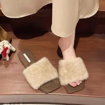 Теплые меховые балетки женские тапочки модные квадратные носки зимние женские элегантные уличные туфли с леопардовым принтом 35