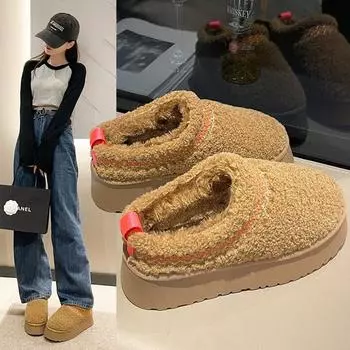 Теплые меховые ботильоны женские туфли на плоской подошве тапочки на платформе плюшевые шлепанцы зимняя хлопковая обувь для женщин зимние ботинки 36 дубильная кора