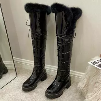 Теплые меховые плюшевые пуховые зимние сапоги женские 2024 зимние длинные ботинки на платформе водонепроницаемые модные сапоги выше колена женские белые черные 34 чёрный