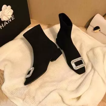 Теплые меховые женские ботильоны-носки, модные элегантные туфли со стразами, осенне-зимние женские короткие ботильоны на низком каблуке 35