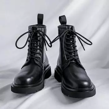 Теплые мужские зимние ботинки на шнуровке средней высоты с отверстиями, трендовые кожаные ботинки для мотоциклистов, нескользящие, для снега, Botas De Mujerdr5 38 чёрный