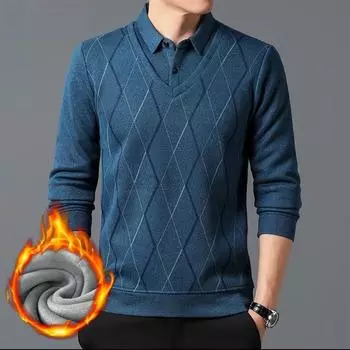 Теплые мужские зимние пуловеры, поддельные 2-х предметные свитера с длинными рукавами, флисовая подкладка, свитера для мальчиков M синий