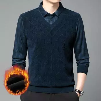 Теплые мужские зимние пуловеры, поддельные 2-х предметные свитера с длинными рукавами, флисовая подкладка, свитера для мальчиков M чёрный