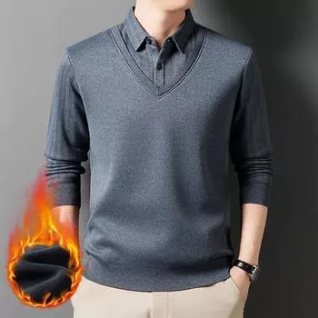 Теплые мужские зимние пуловеры, поддельные 2-х предметные свитера с длинными рукавами, флисовая подкладка, свитера для мальчиков M синий