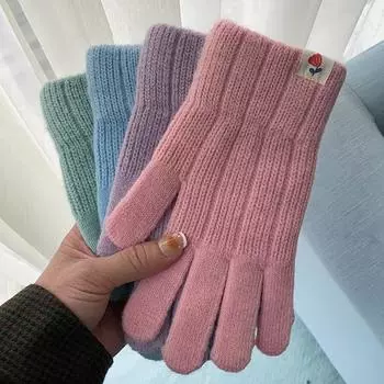 Теплые перчатки для мужчин и женщин на осень и зиму, однотонные, простые, универсальные, шерстяные, трикотажные, с начесом, утолщенные, с разрезом на пять пальцев