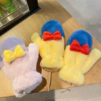 Теплые перчатки для женщин зимой, милые японские варежки плюш, студенческие верховые прогулки, контрастный цвет, бархат, утолщение, морозостойкий воротник-халтер One size