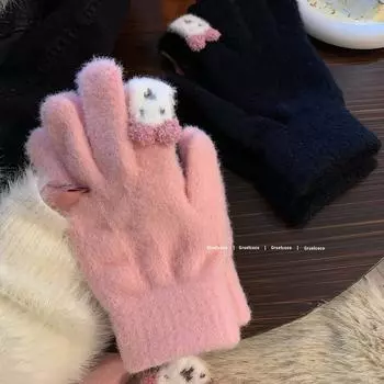 Теплые перчатки для женщин зимой, милые зайчики, однотонные шерстяные вязаные пальцы, защита от холода для верховой езды на открытом воздухе, сенсорный экран для студентов average size