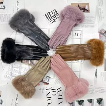 Теплые перчатки из искусственной кожи, замши, двойного сращивания, бархатные женские, для сенсорного экрана, для верховой езды, ветрозащитные пушистые перчатки One size розовый